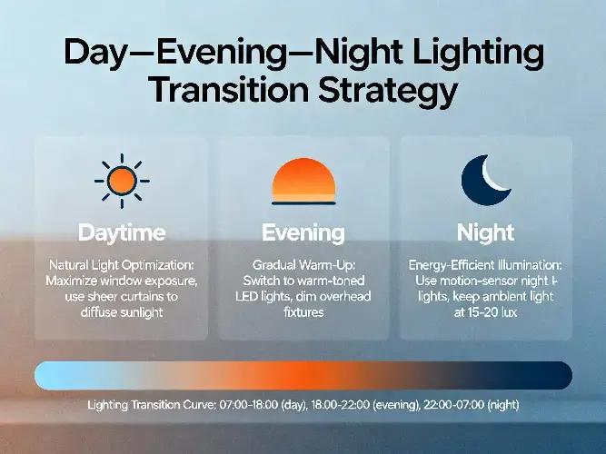 Infographic depicting a lighting transition from day to evening to night, with sun, sunset, and moon icons, plus tips on curtains, LEDs, and motion sensors for optimal energy use.