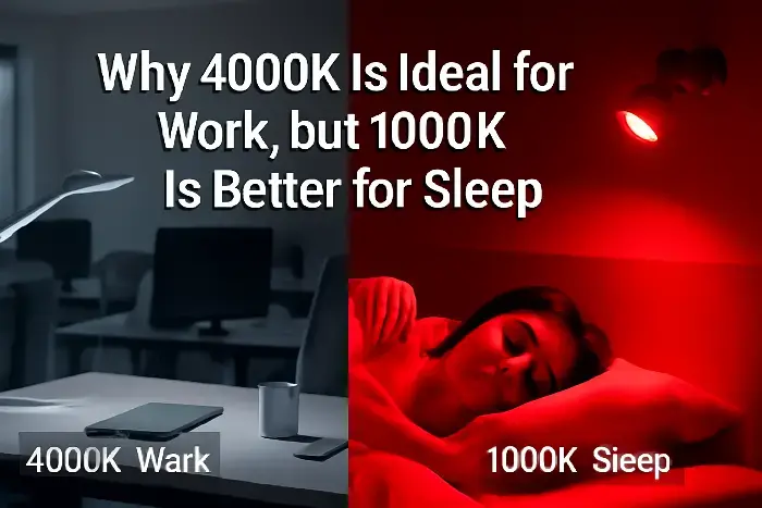 Split graphic showing office desk with computer under cool 4000K light for work, and woman sleeping in bed under warm 1000K red light.