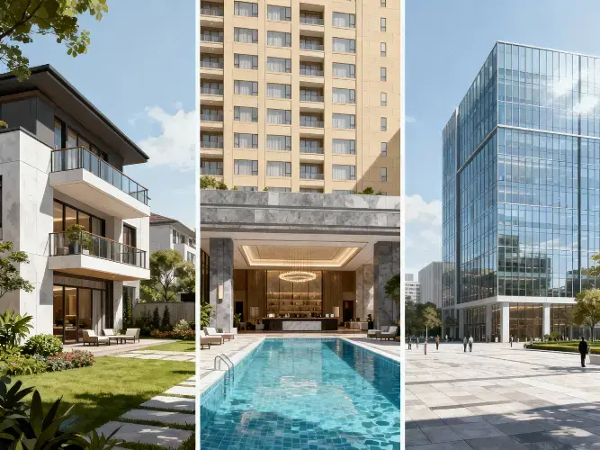 Tri-panel image showing a sleek white villa with pool and garden, a grand beige apartment lobby with chandelier, and a tall reflective glass skyscraper on a plaza.