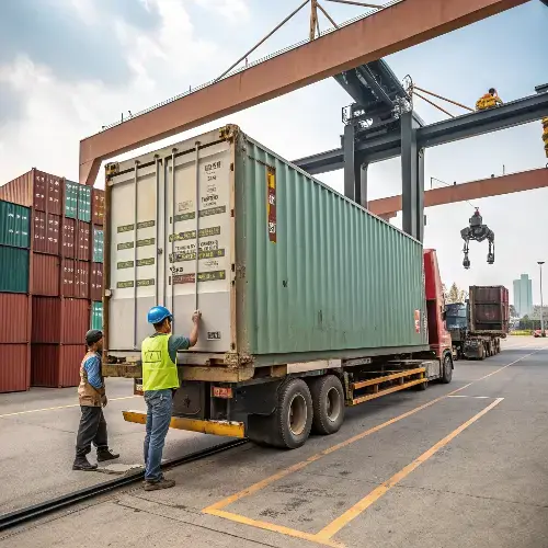 Workers in protective gear secure a green shipping container on a red truck amid port operations, surrounded by cranes and other cargo stacks under a clear sky.