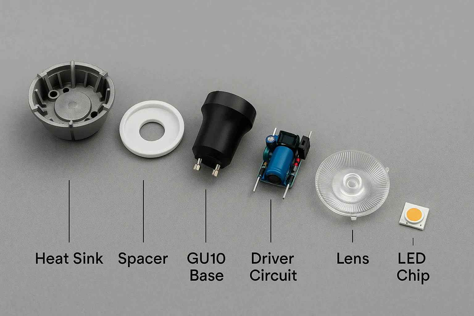 Disassembled GU10 LED bulb components labeled heat sink, spacer, base, driver, lens, and LED chip