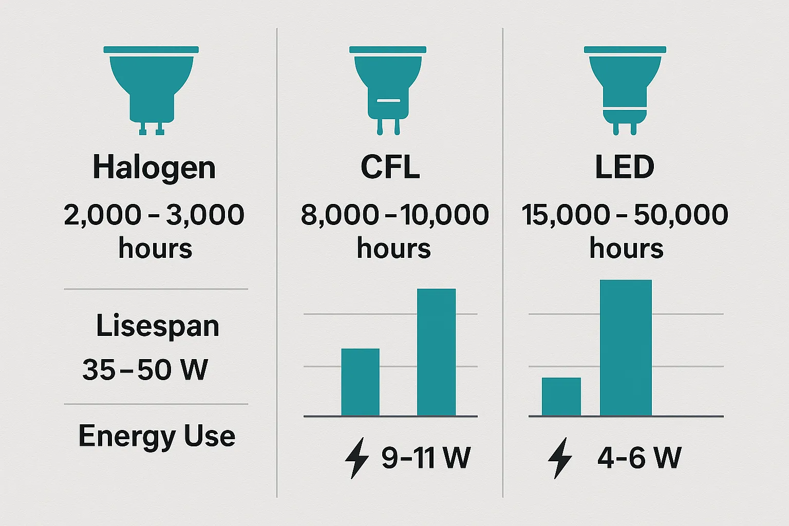 Infographic comparing halogen, CFL, and LED bulbs by lifespan and energy use, showing LEDs as the most efficient and durable option