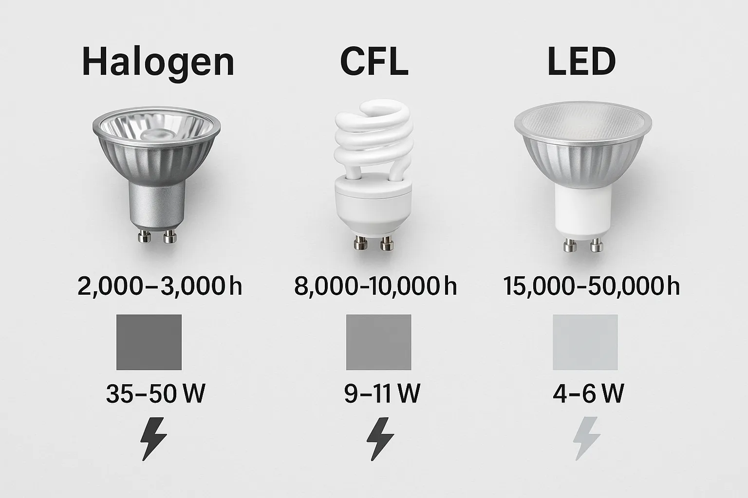 Comparison chart of halogen, CFL, and LED bulb lifespans and wattage