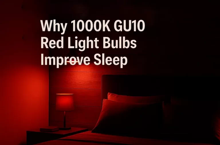 A modern bedroom softly lit by a 1000K GU10 red light bulb, creating a calm sleep-friendly atmosphere with warm red illumination.