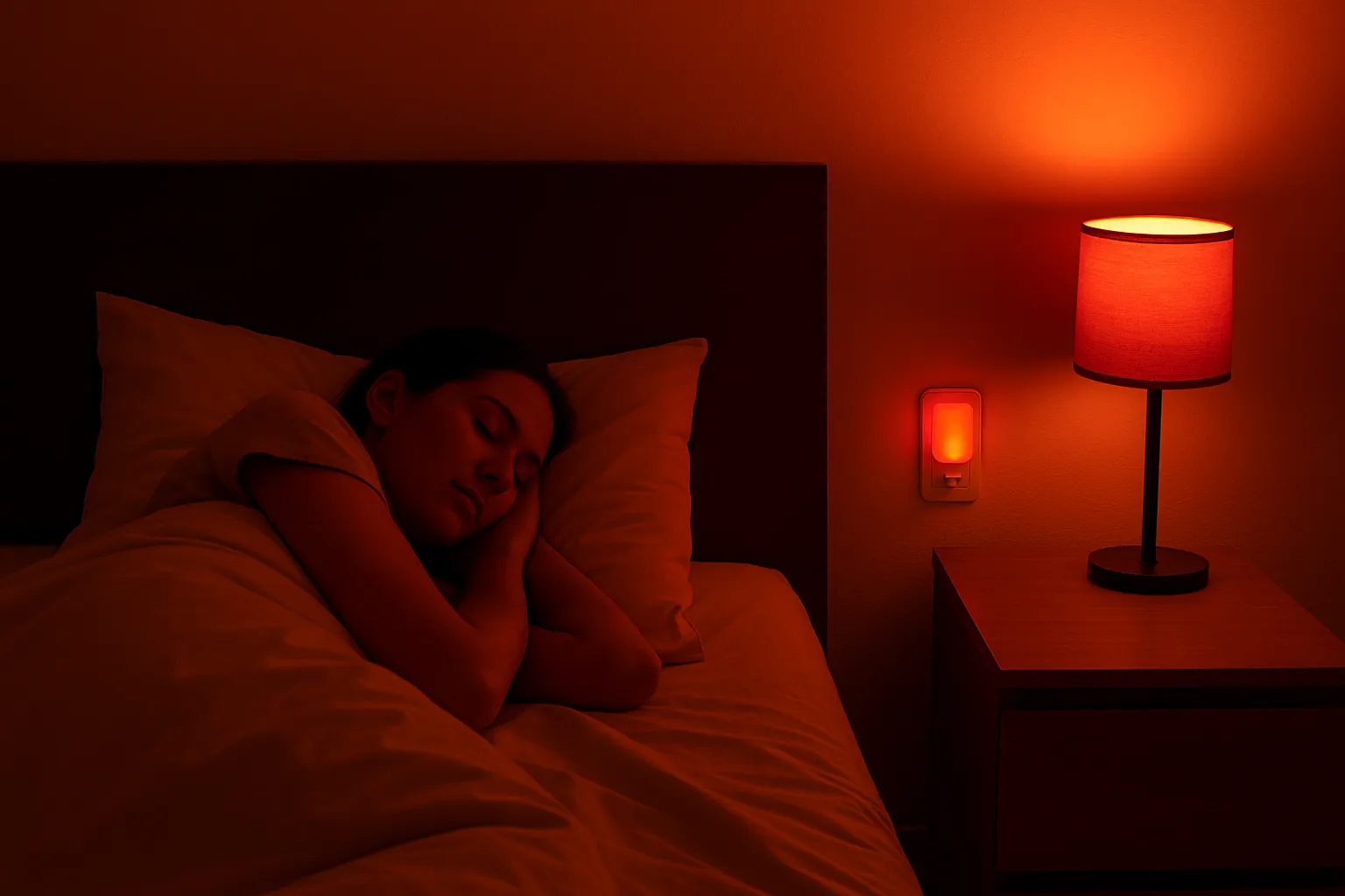 Bedroom lit with red light at night, showing a person sleeping peacefully under low-stimulus amber/red illumination that reduces melatonin disruption.
