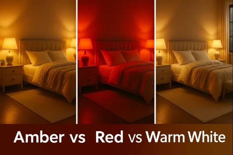 Bedroom scenes comparing amber light, red light, and warm white light to illustrate differences in night-time lighting environments.