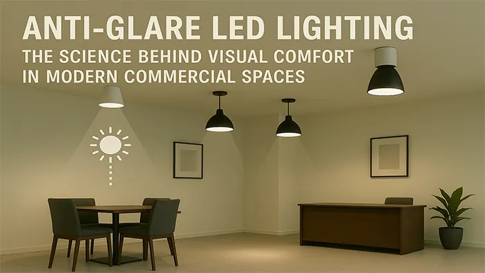 Modern commercial space with anti-glare LED lighting above desks and seating, illustrating visual comfort in interior environments