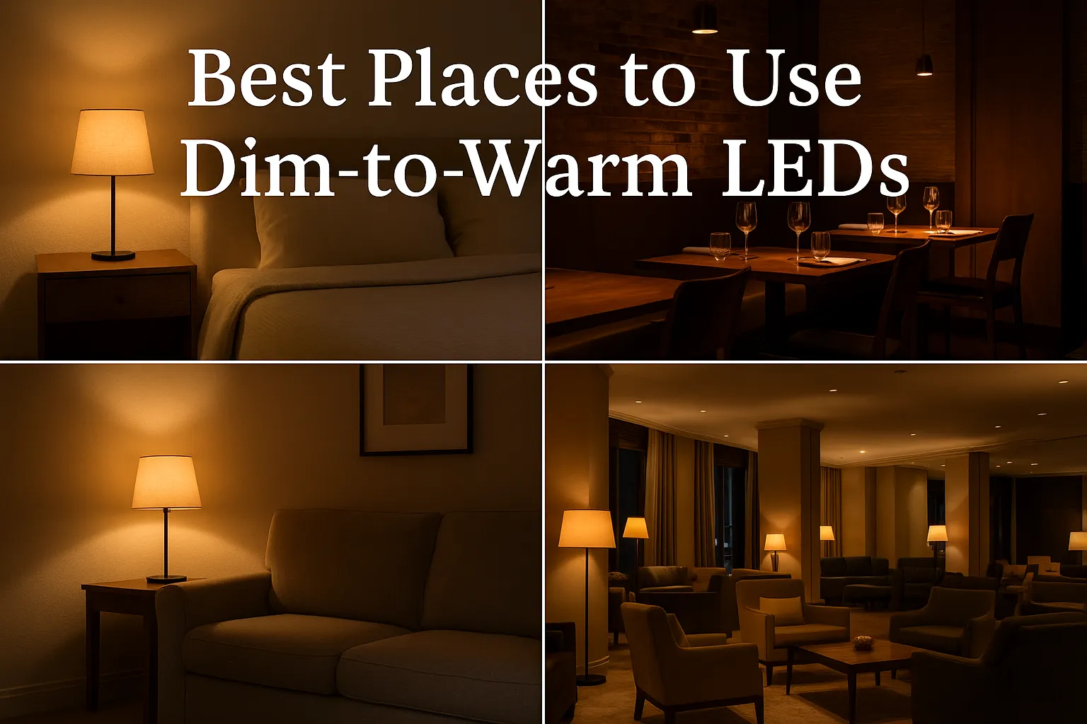 Collage of bedroom, restaurant, living room, and hotel lounge scenes demonstrating warm dim-to-warm LED lighting applications.