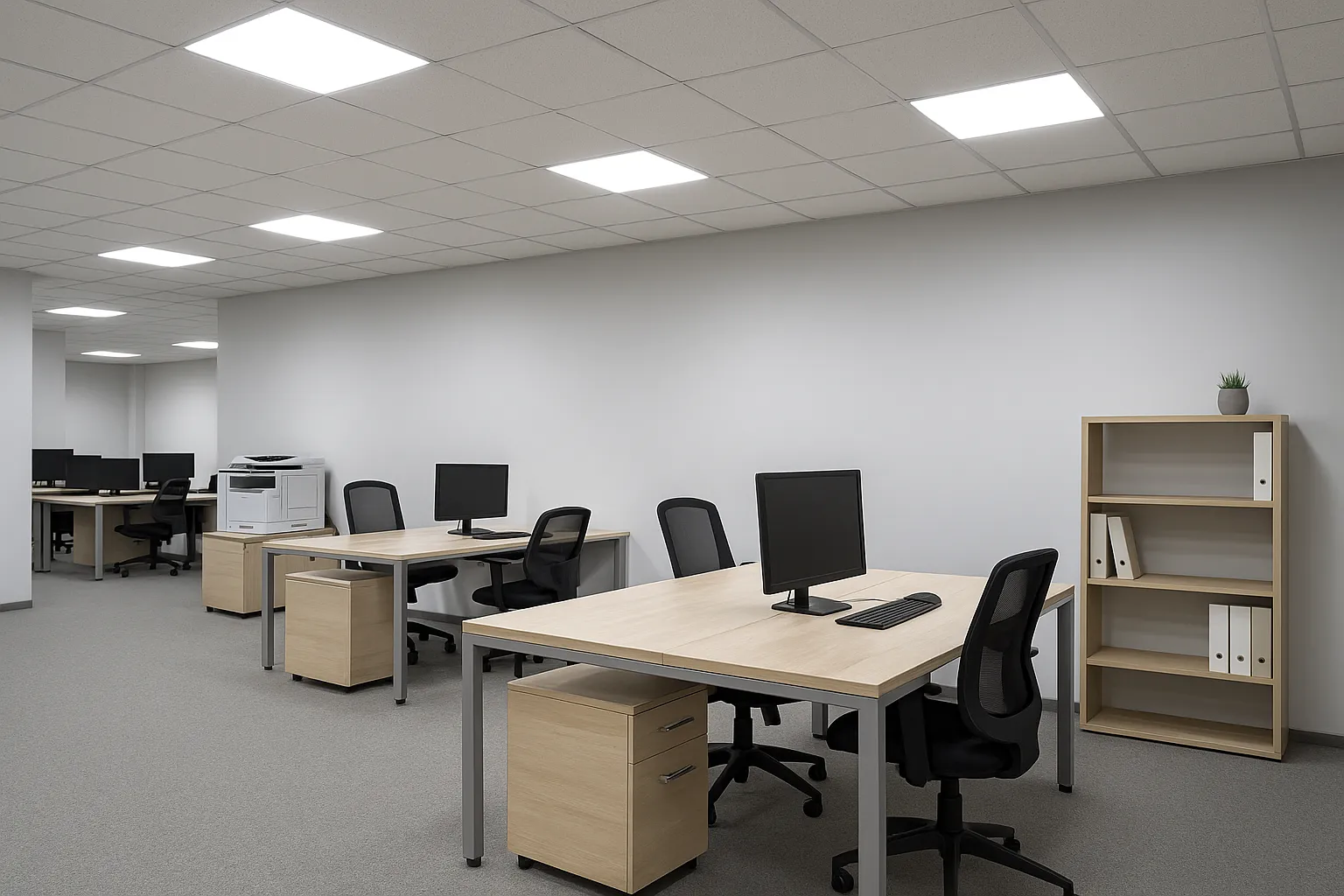 Open office with uniform cool-white overhead lighting causing flat contrast and potential glare issues.