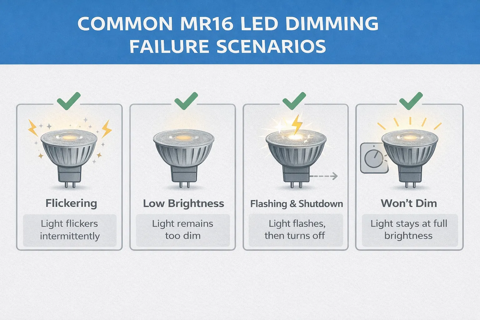 Infographic showing MR16 LED dimming failure scenarios