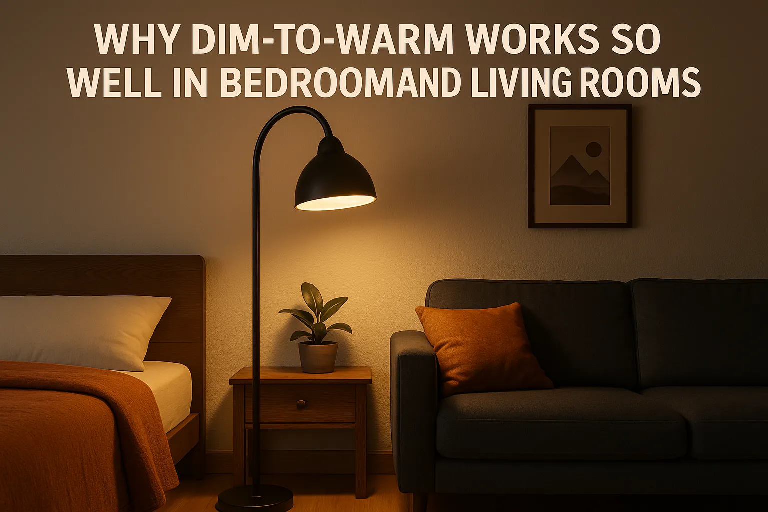 A cozy bedroom and living room area softly illuminated by dim-to-warm LED lighting from a floor lamp, creating a warm and relaxing atmosphere.