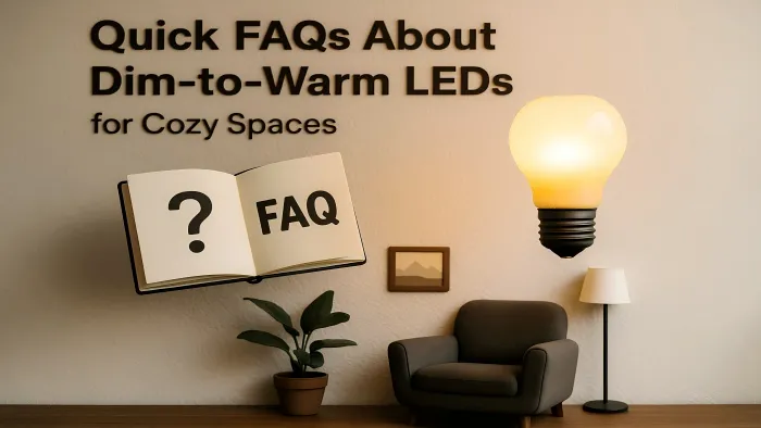 Realistic scene showing a dim-to-warm LED bulb glowing warmly above a cozy interior with an armchair, plant, and FAQ booklet.