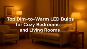 Warm dim-to-warm LED lighting creating a cozy amber atmosphere in a modern living room with a sofa and table lamps.