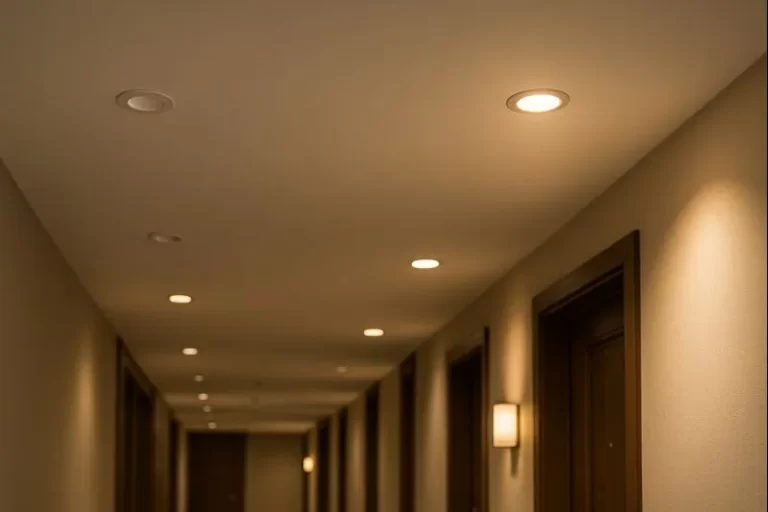 Dimmable LED spotlights installed in a hotel corridor demonstrating smooth and stable dimming performance