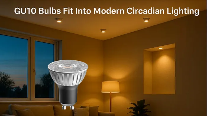 GU10 LED bulb shown in a warm-lit living room interior, illustrating its role in modern circadian lighting design.