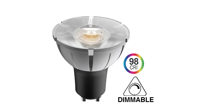 Dimmable GU10 LED spotlight with CRI 98 rating, shown with a dimming icon and high-color-rendering symbol.
