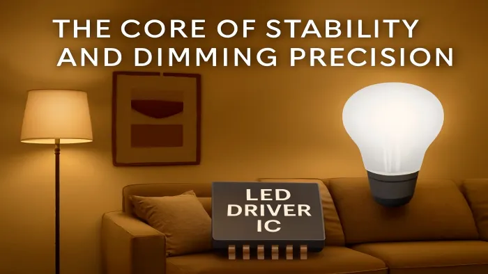Realistic interior photo showing a warm-lit living room with a light bulb and an LED driver IC chip, representing stable current regulation and precise dimming performance in modern LED lighting systems.