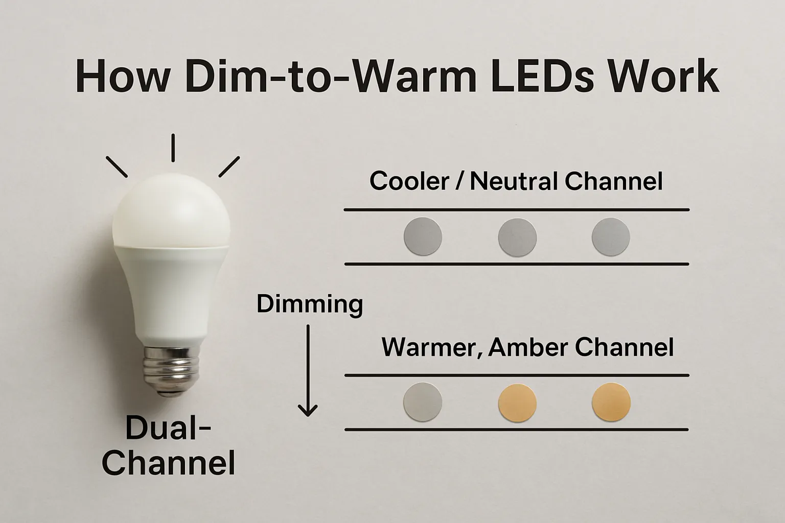 Photographic diagram showing a dim-to-warm LED bulb with cooler and warmer light channels that shift during dimming.