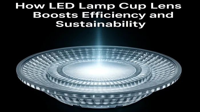 Transparent LED lamp cup lens with a focused beam of light, illustrating optical engineering for improved light efficiency, distribution, and sustainability in LED lighting systems.