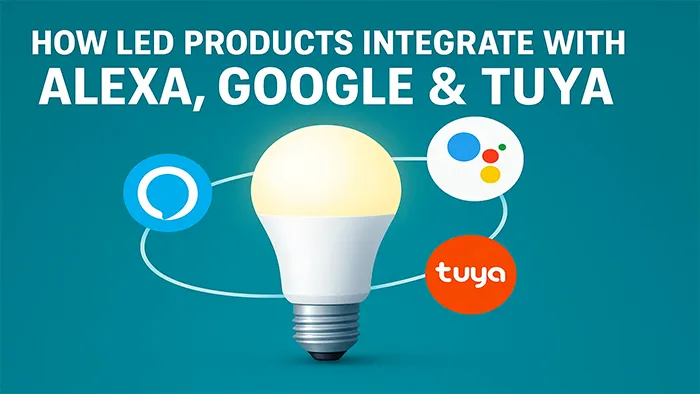 A professional cover image showing a smart LED bulb connected to Alexa, Google, and Tuya platforms, representing cross-ecosystem lighting integration for modern smart homes and commercial spaces.