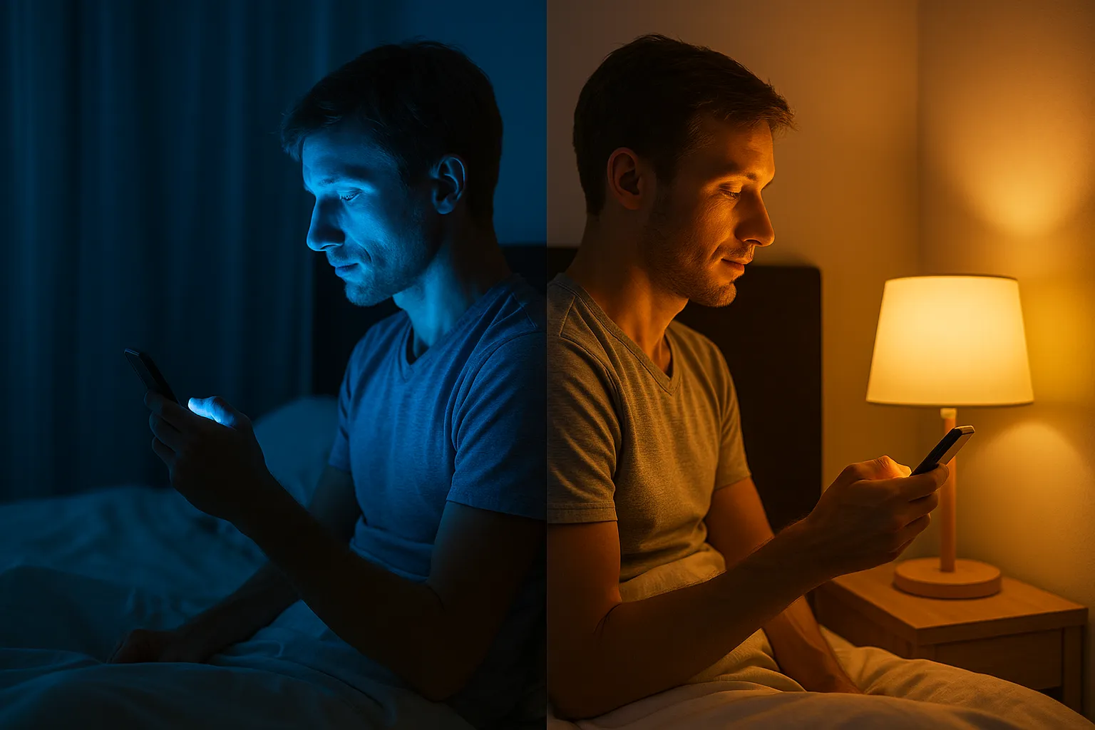 Split photo showing man lit by blue smartphone light on one side and warm bedside lamp on the other, illustrating different biological light responses.