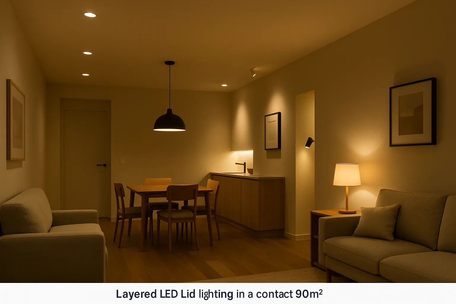Warm open-plan living and dining room with recessed LED downlights and layered lighting defining activity zones.
