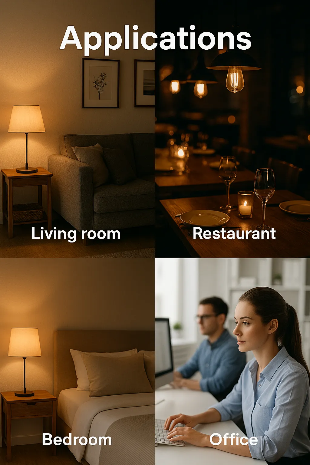Collage showing lighting applications in a warm living room, a dim restaurant, a cozy bedroom, and a bright office workspace.
