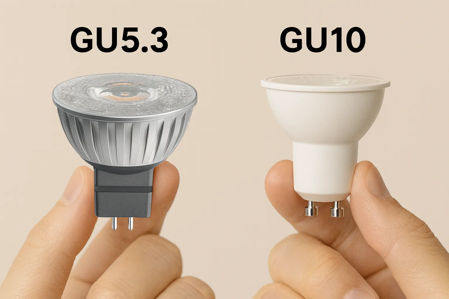 Side-by-side comparison of MR16 GU5.3 low-voltage base and GU10 line-voltage base