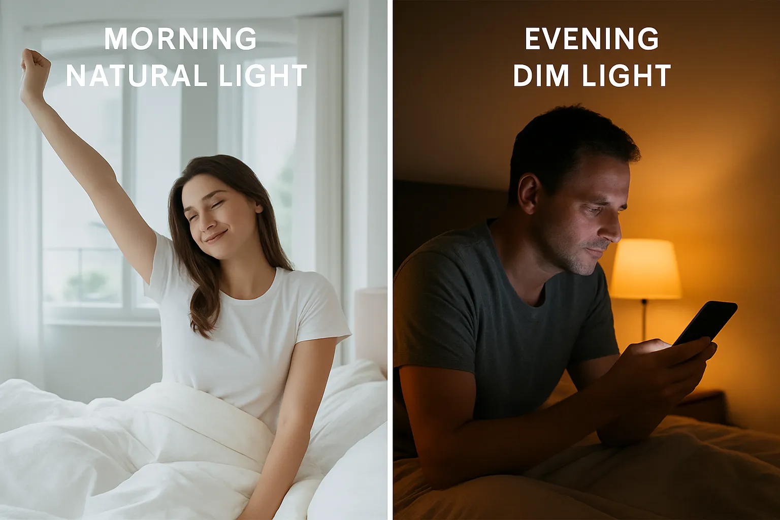 Split photo showing morning natural light promoting wakefulness and evening dim light promoting relaxation.
