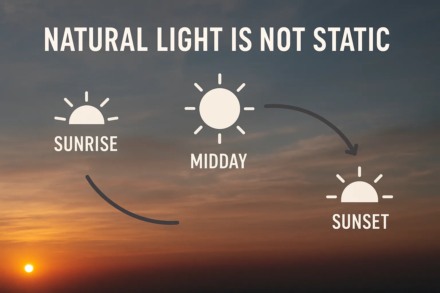 Photograph showing sunrise, midday sun, and sunset icons over a sky gradient to illustrate how natural light changes during the day.