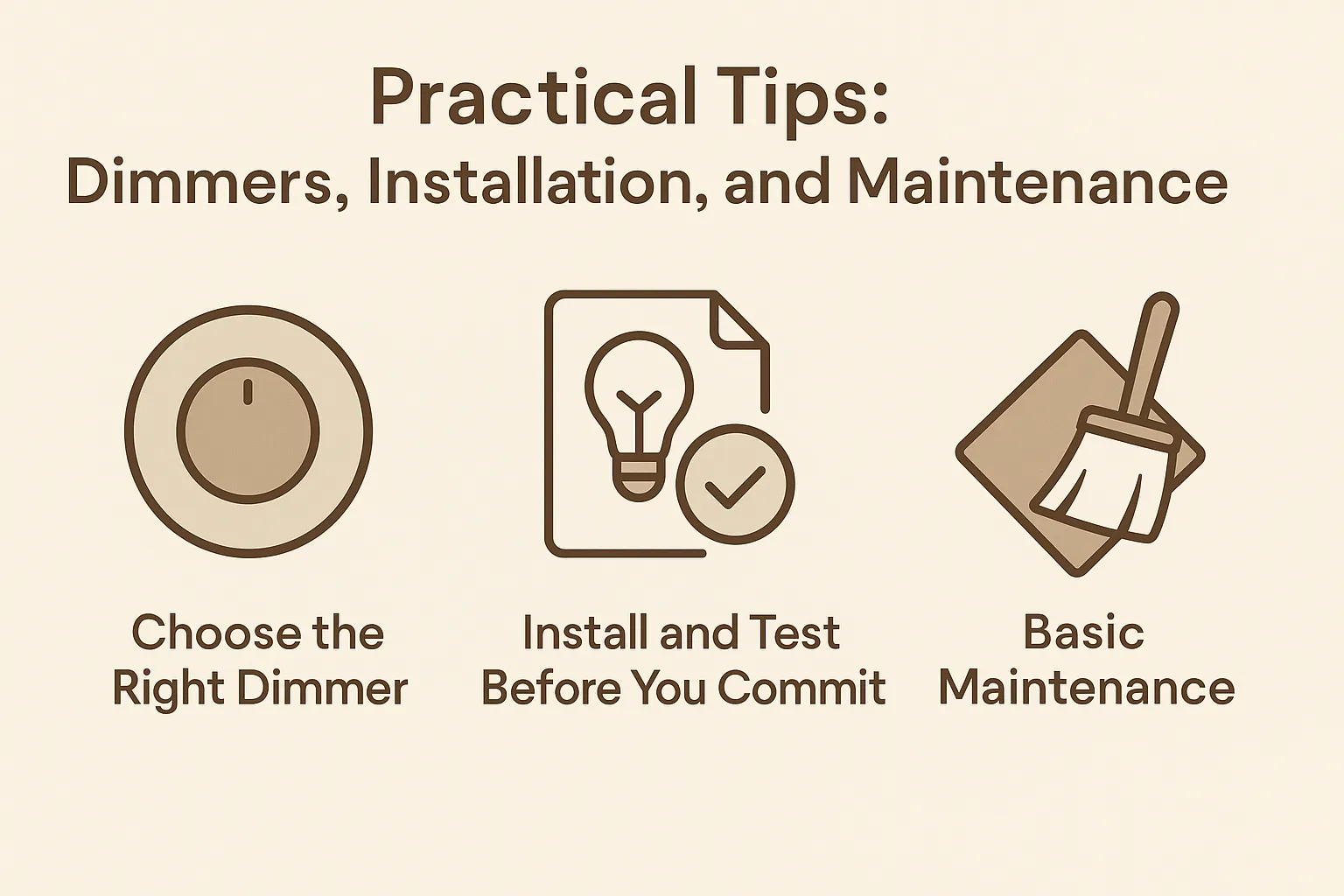 Infographic showing tips on choosing a dimmer, testing dim-to-warm bulbs before installation, and maintaining lighting fixtures.