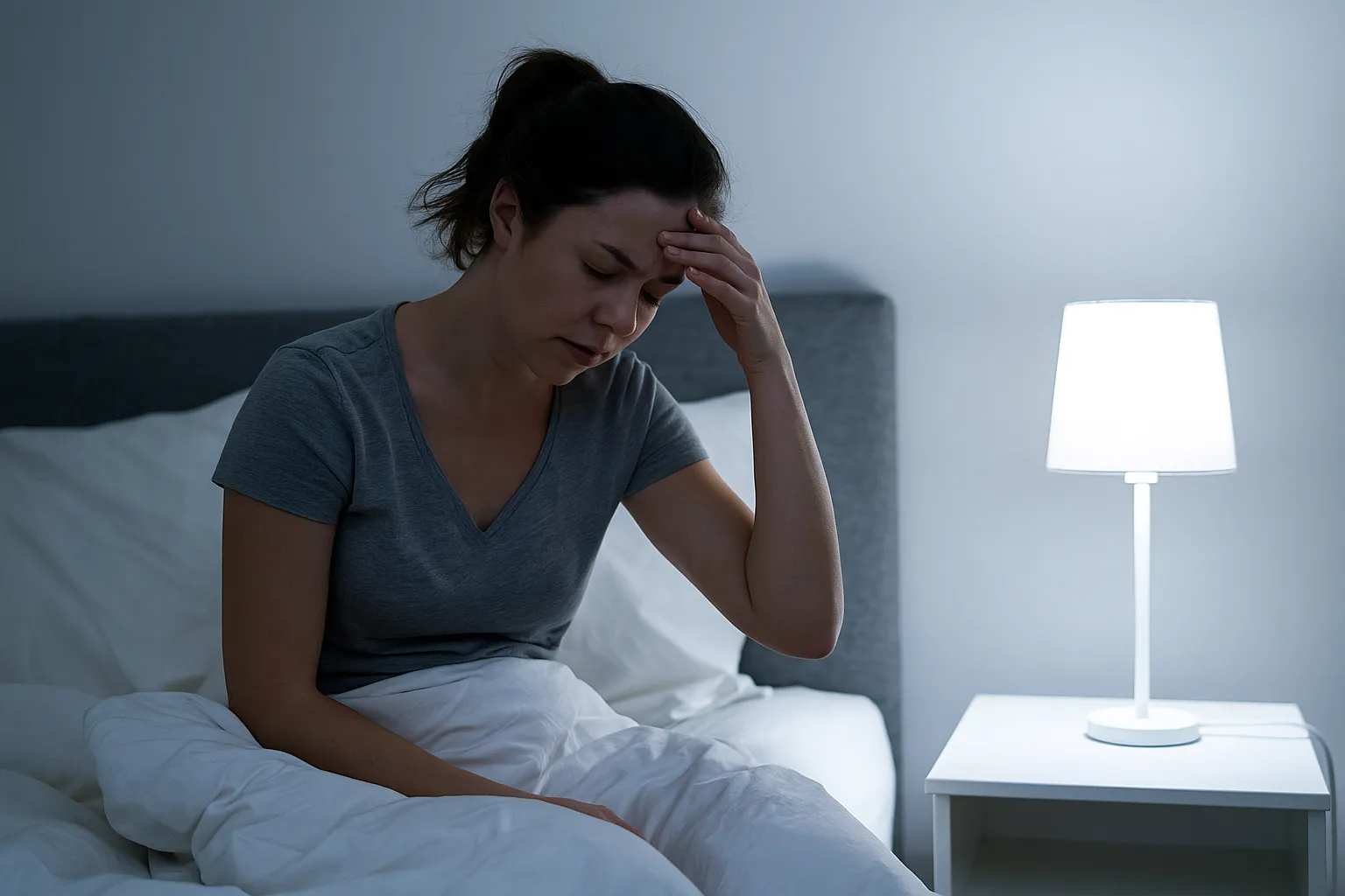 tired woman sitting awake in bed at night with a bright bedside lamp causing sleep disruption