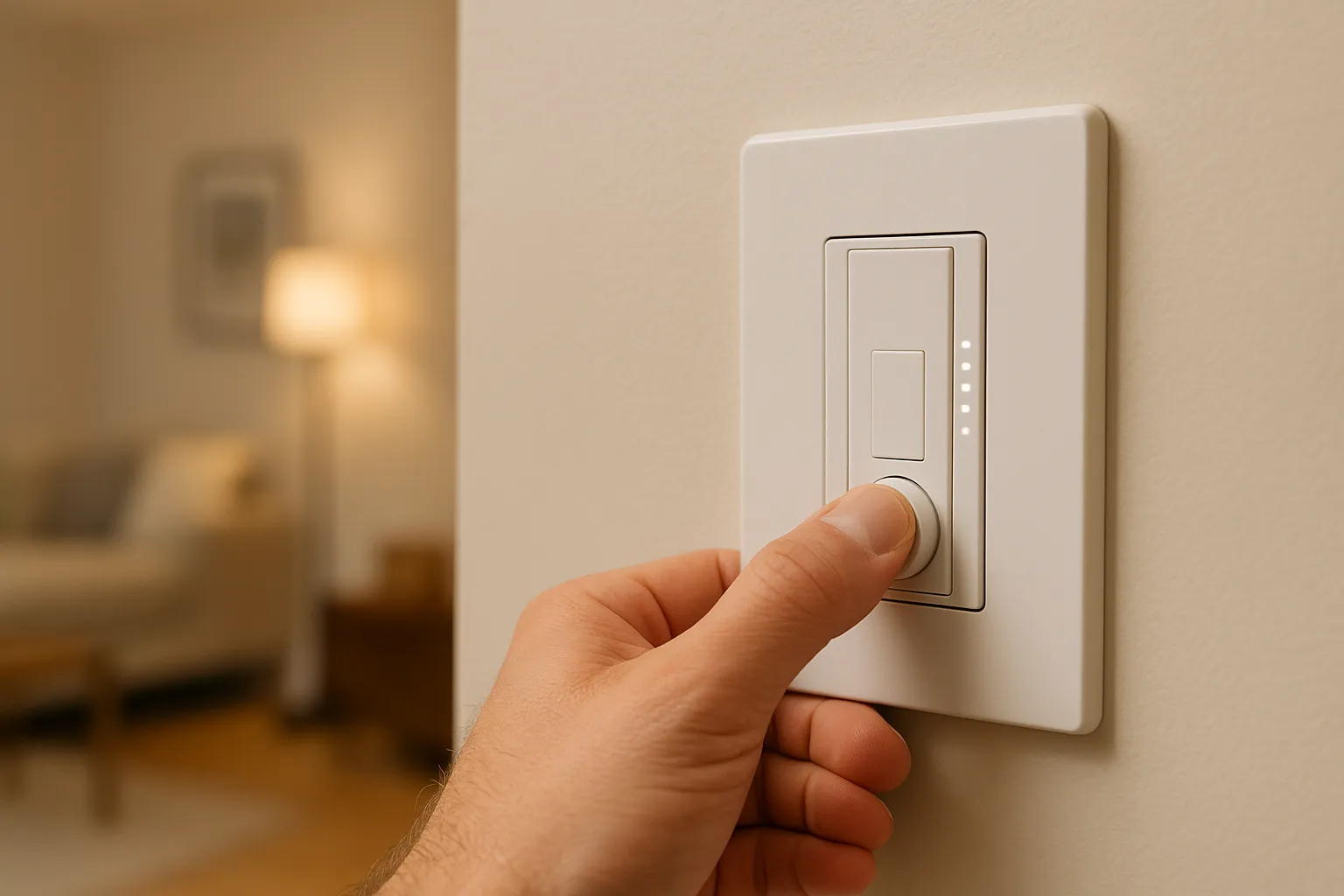 Person adjusting a smart dimmer switch in a residential living room to control LED lighting.