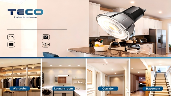 TECO LED spotlight shown in a modern kitchen with application examples for wardrobe, laundry room, corridor, and basement lighting.