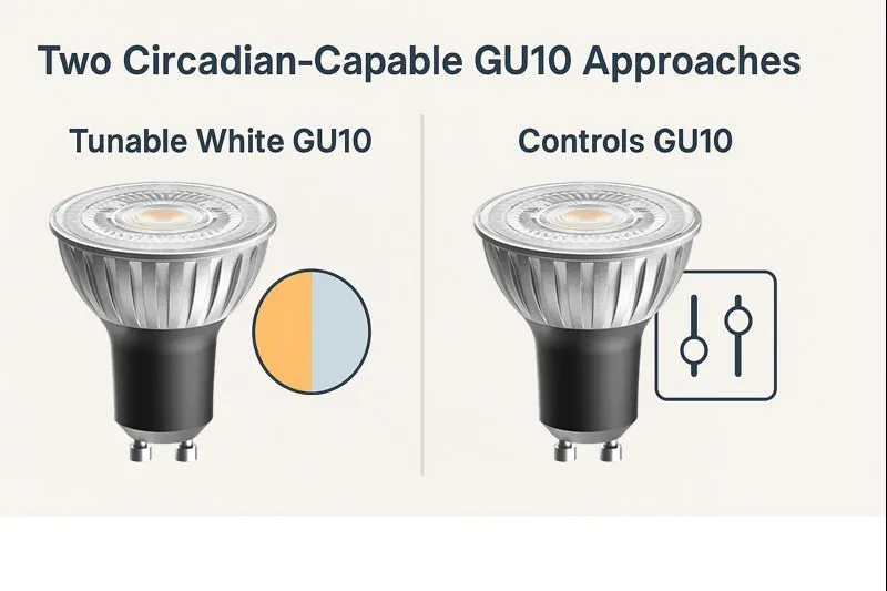 An infographic comparing two circadian-capable GU10 lighting approaches, showing a tunable white GU10 bulb on one side and a control-based GU10 solution on the other.