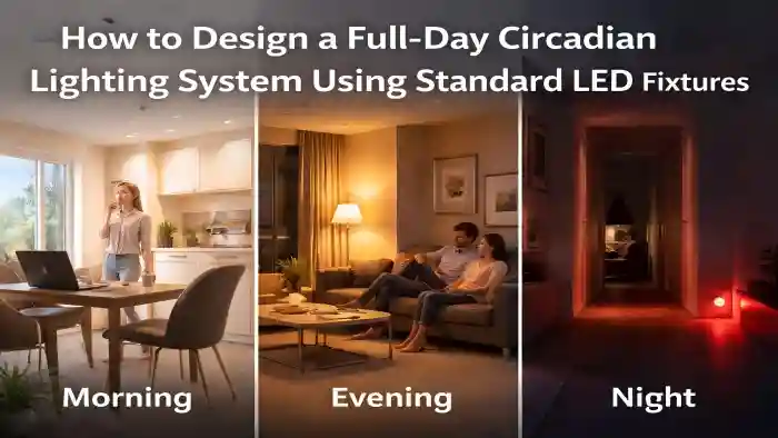 Infographic showing a full-day circadian lighting system with standard LED fixtures, divided into morning kitchen, evening living room, and night bedroom scenes.