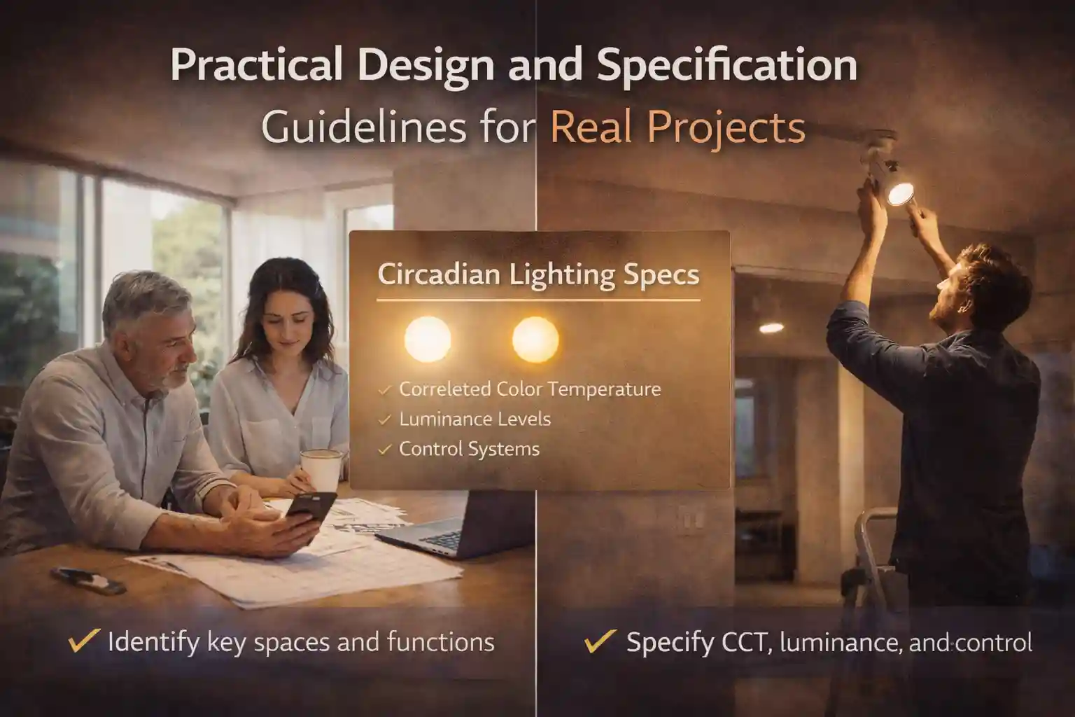Split presentation slide showing office team discussing key spaces and functions on left, technician installing ceiling lights on right, with text on specifying correlated color temperature, luminance, and control systems.