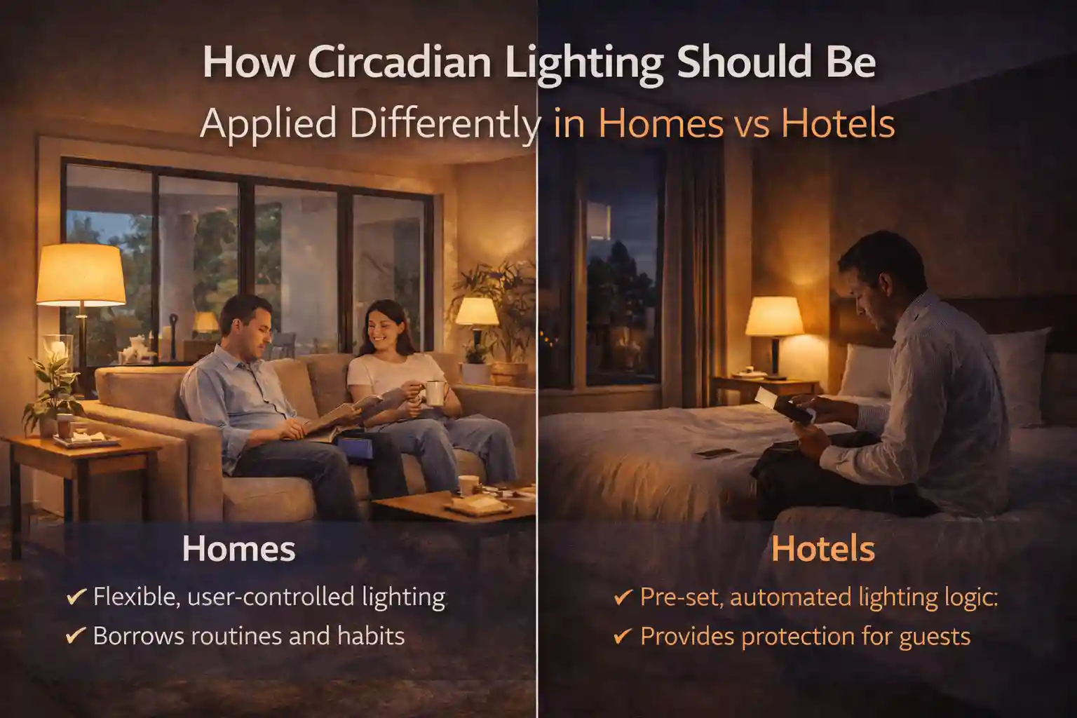Infographic comparing circadian lighting applications, showing flexible user-controlled setup in a home living room versus pre-set automated lighting in a hotel bedroom.