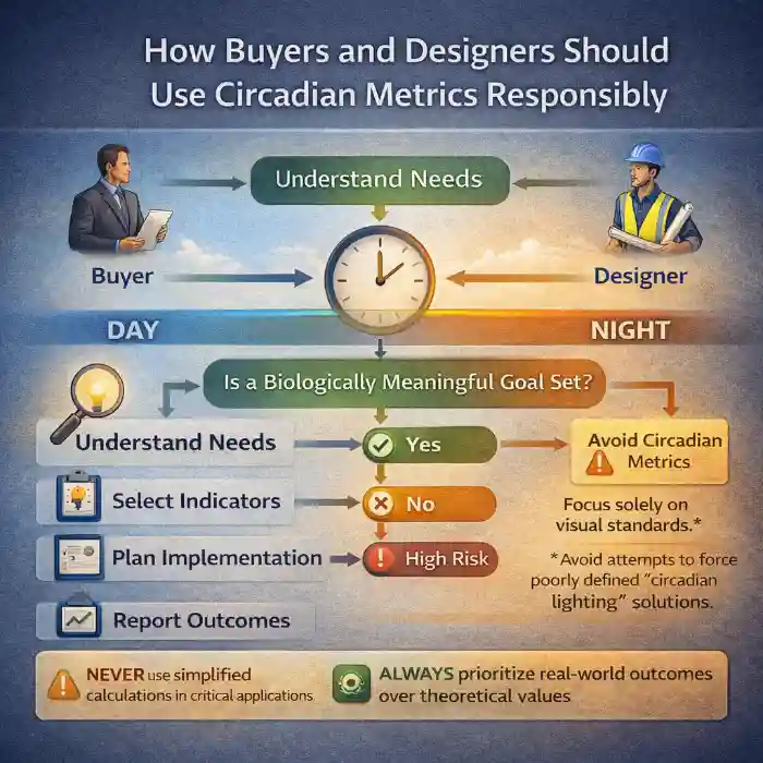 Flowchart diagram guiding buyers and designers on responsible use of circadian metrics, highlighting biological goals for day and night lighting applications.