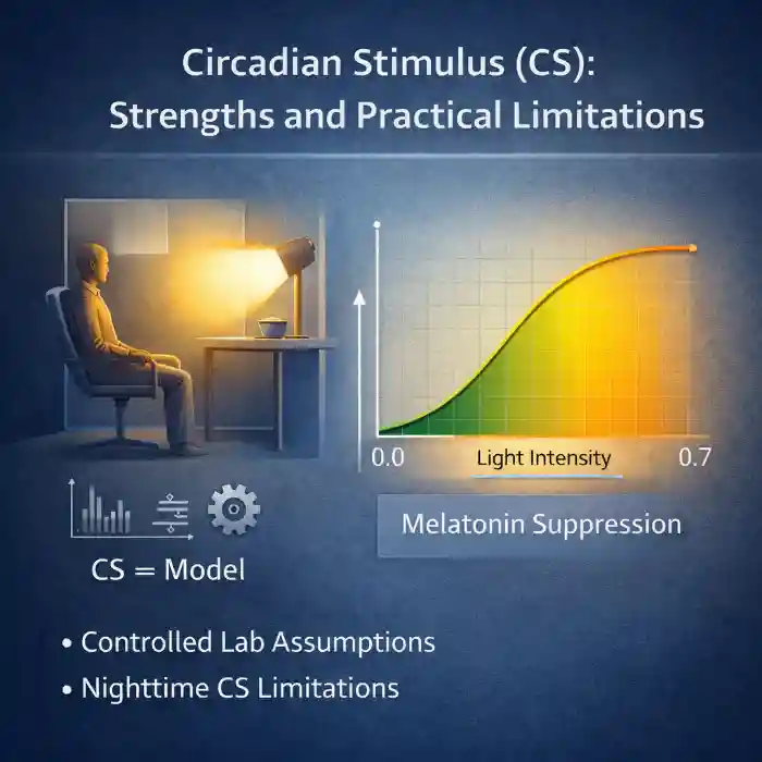 Graph showing melatonin suppression curve against light intensity from 0.0 to 0.7, alongside illustration of a person at a desk under lamp light, highlighting Circadian Stimulus model assumptions.