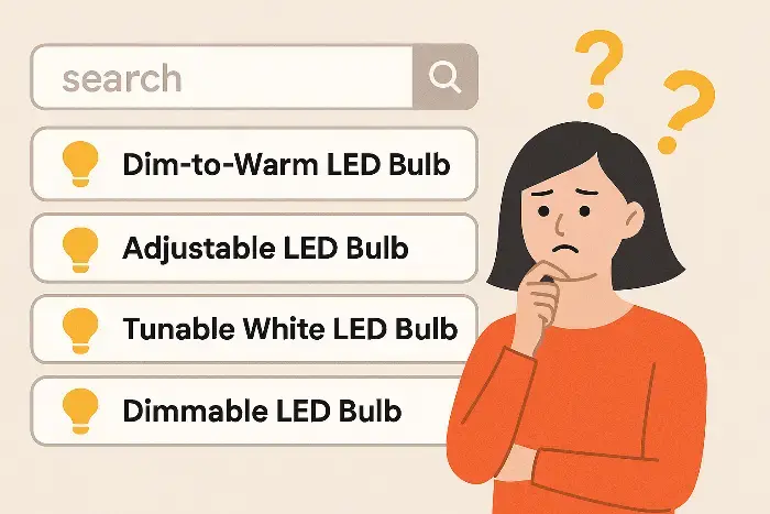 Illustration of a confused woman viewing search results for LED bulbs, including dim-to-warm, adjustable, tunable white, and dimmable types with bulb icons.