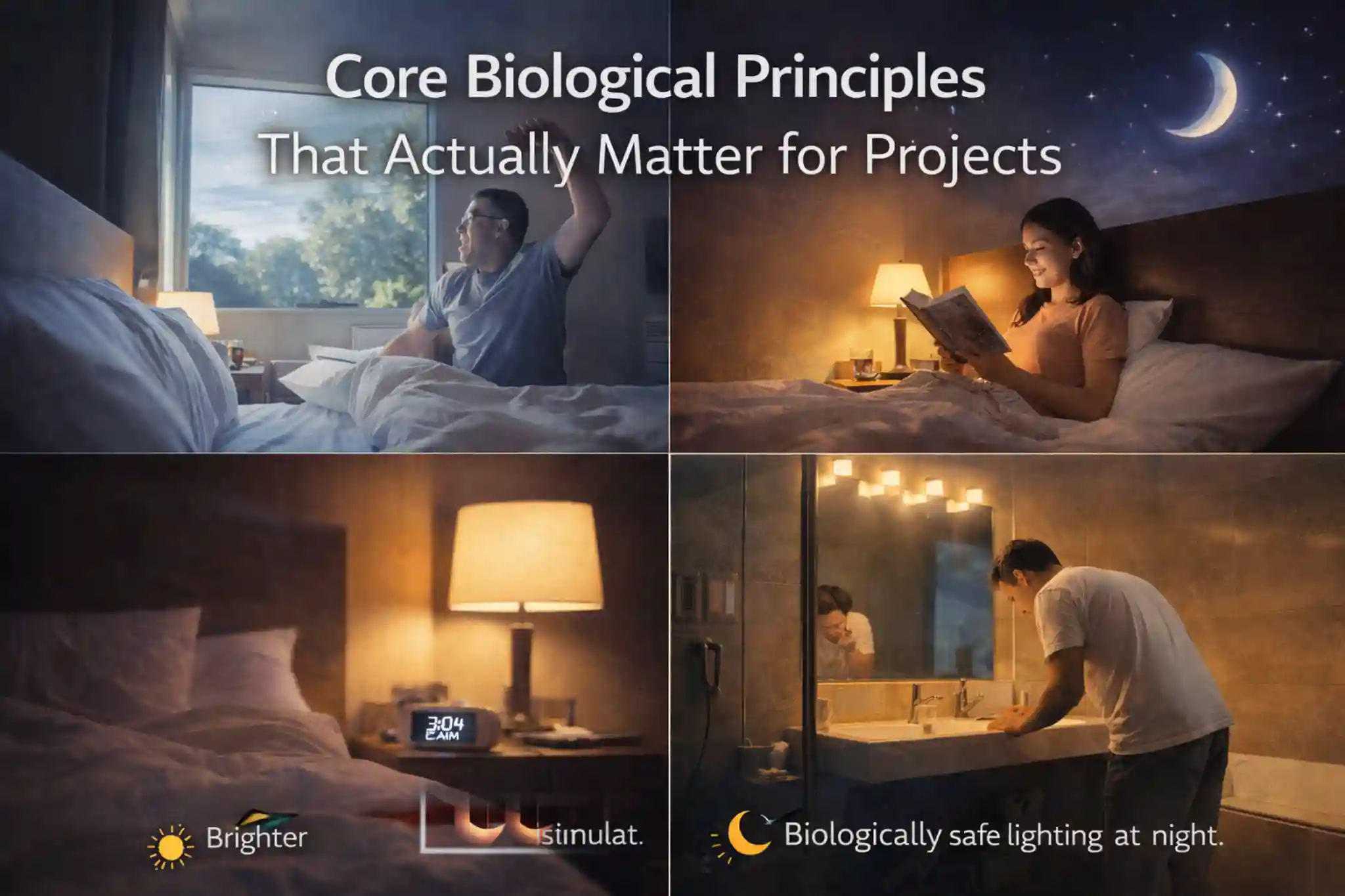 Multi-panel image showing nighttime home scenes with people in bed reading and grooming under warm lamps, overlaid with text on core biological principles for projects and biologically safe lighting.