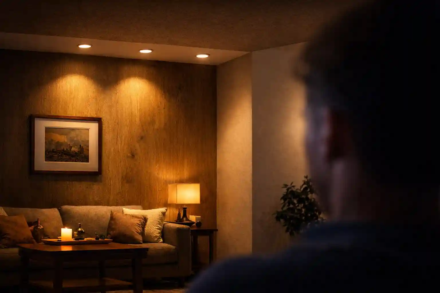 Cozy living room with warm ceiling lights, wooden paneled wall, framed landscape painting, comfortable sofa with pillows, coffee table holding candles, side lamp, and a potted plant.