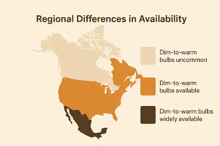 Map of North America showing regional differences in dim-to-warm bulb availability, with beige areas indicating uncommon, orange for available, and brown for widely available regions.