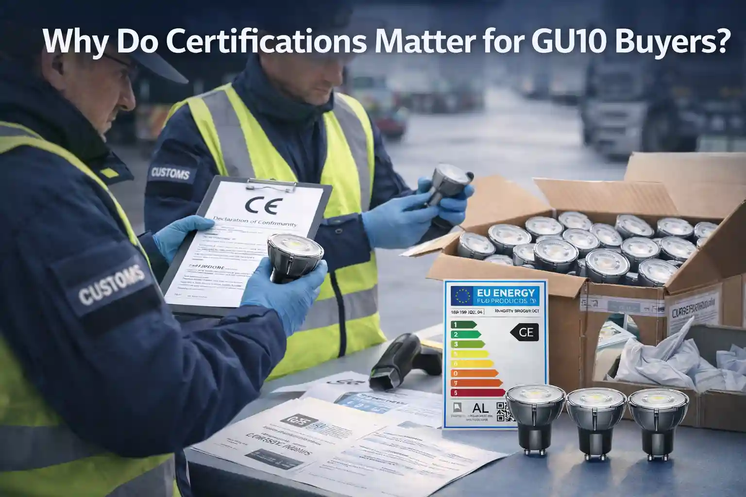 Two customs officers in high-visibility vests and blue overalls inspect CE-certified GU10 LED bulbs from an Evenergy box in a warehouse.