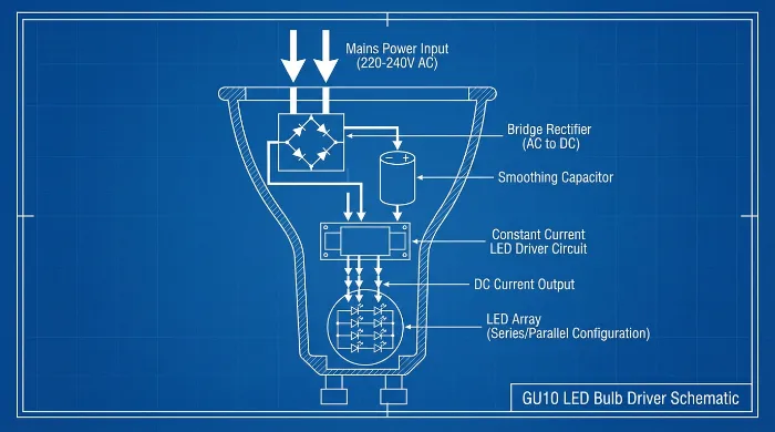 Technical schematic diagram of a GU10 LED bulb driver, showing main AC power input, bridge rectifier, smoothing capacitor, constant current driver, and series-parallel LED configuration.
