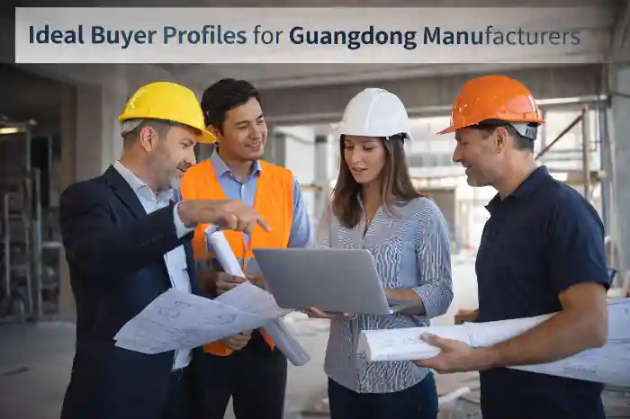 Diverse professionals in hard hats and safety vests review blueprints and a laptop in an industrial setting with overlay text on ideal buyer profiles.
