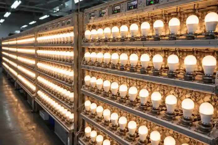A vast industrial rack displays hundreds of glowing LED light bulbs on multiple shelves in a brightly lit manufacturing facility.