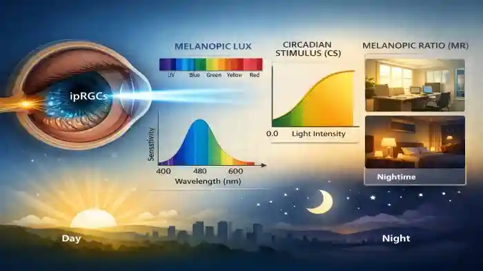 Infographic of eye with ipRGCs responding to light wavelengths, spectral sensitivity curve, circadian stimulus graph, and day-night scenes.