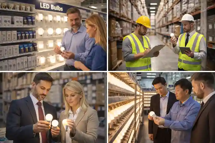 Collage of four scenes: diverse professionals examining LED bulbs in a brightly lit store aisle and organized warehouse shelves with safety gear.